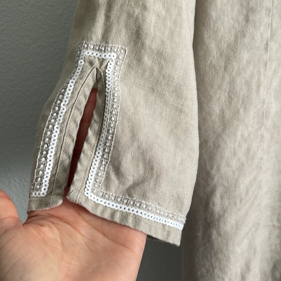 Symple NYC Tan Linen Sequined Embroidered 3/4 Sleeve Blouse Top - Picture 4 of 7